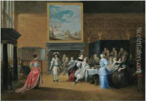 A Palatial Interior With Elegant Figures Dancing Andbanqueting Oil Painting - Hieronymus Janssens