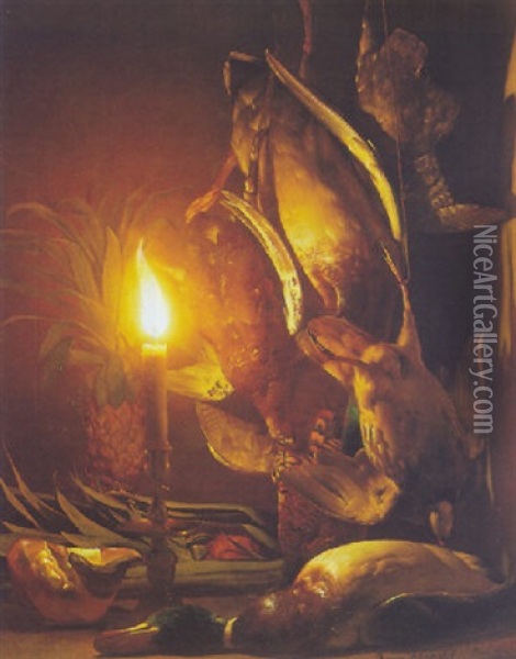 Candle-lit Still Life With Game And A Pineapple Oil Painting - Petrus van Schendel