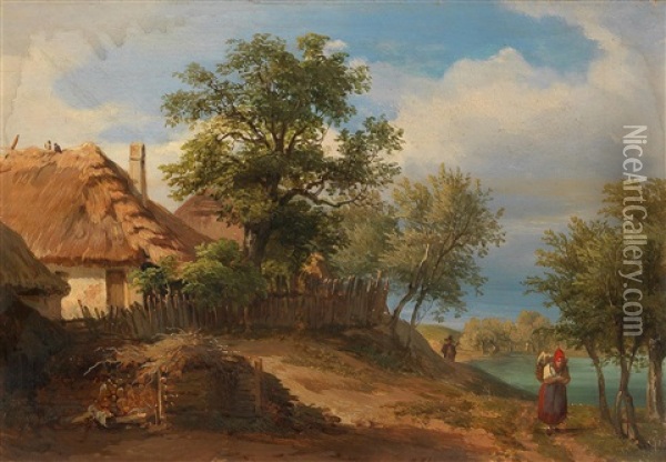 Landscape With Thatched Farmhouses And Decorative Figures Oil Painting - Joseph Hoeger