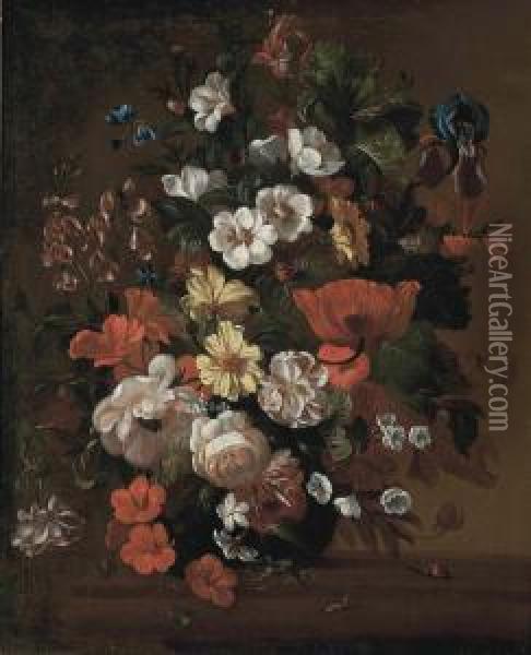 Roses, Poppies, Stras, An Iris And Other Flowers In A Glass Vase, On A Stone Ledge, With Snails And Ants Oil Painting - Philip Van Kouwenbergh