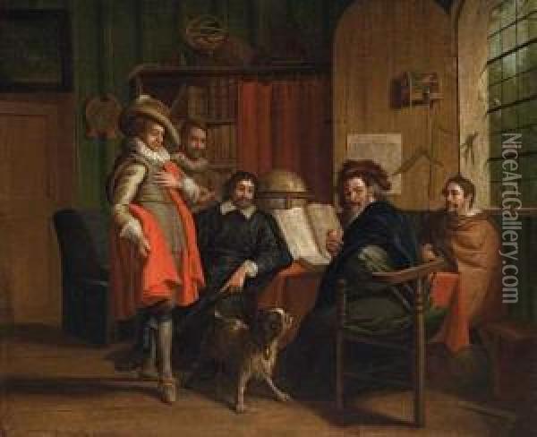 Four Savants With Democritus Of Abdera In The Study Parlour Oil Painting - Gerard Thomas