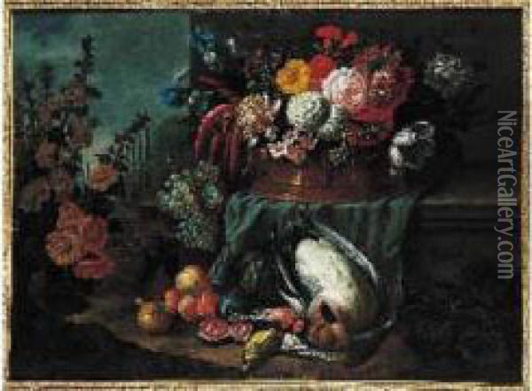 Nature Morte Au Panier De Fleurs, Fruits Et Gibier Dans Un Jardin E.t Oil Painting - Jan-baptist Bosschaert