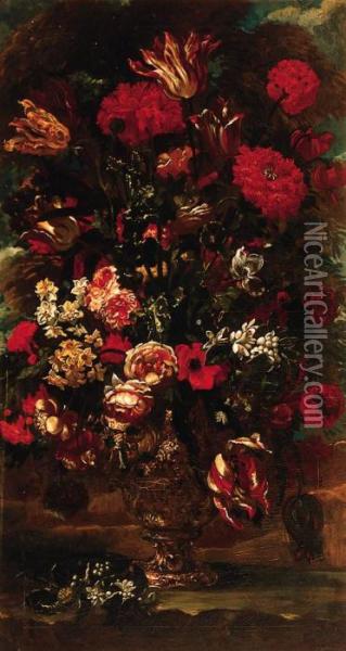 Flowers In A Sculpted Urn In A Landscape Oil Painting - Andrea Scaccati