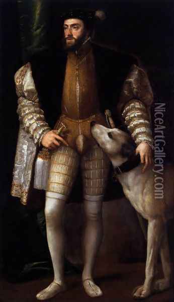 Charles V Standing with His Dog Oil Painting - Tiziano Vecellio (Titian)