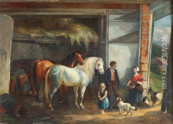 Barn Interior With Horses And Figures Oil Painting - Anthony De Bree