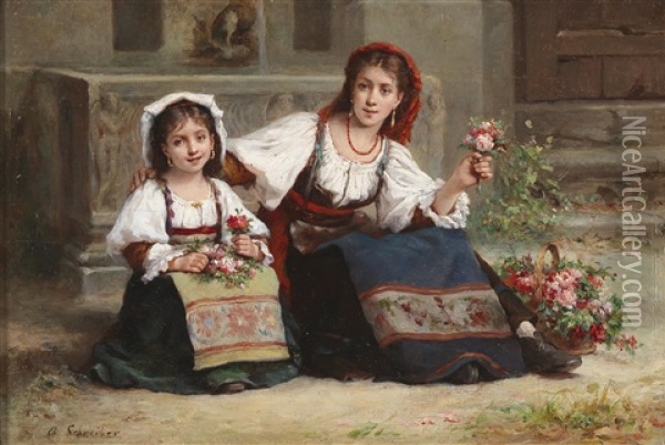 Neapolitan Flower Sellers Oil Painting - Charles Baptiste Schreiber