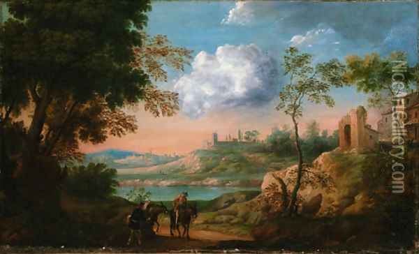 An Italianate landscape with travellers and donkeys on a track Oil Painting - Herman Van Swanevelt