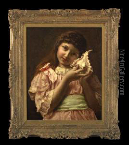 Portrait Of A Girl In A Pink Dress, 
Holding A Seashell Oil Painting - John Morgan