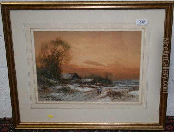 Snowy Winter Landscape With Sunset Oil Painting - Bartram, Fred. John Hiles