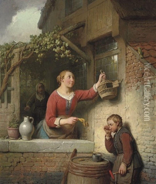 L'oiseau En Liberte: Setting The Bird Free Oil Painting - Ferdinand de Braekeleer the Elder