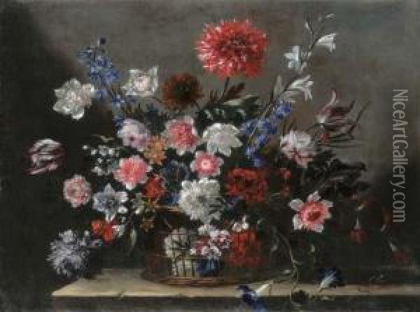 Poppies, Tulips, Morning Glory And Other Flowers In A Basket On Astone Ledge Oil Painting - Nicolas Baudesson