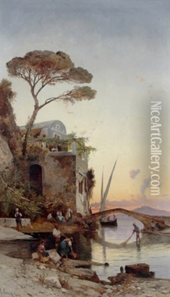 Sonnenuntergang Am Golf Von Neapel, Vorne Fischer Oil Painting - Hermann David Salomon Corrodi