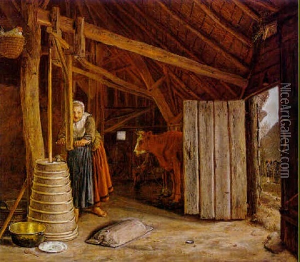 Interior Of A Barn With Milkmaid Churning Butter Oil Painting - Govert Dircksz Camphuysen
