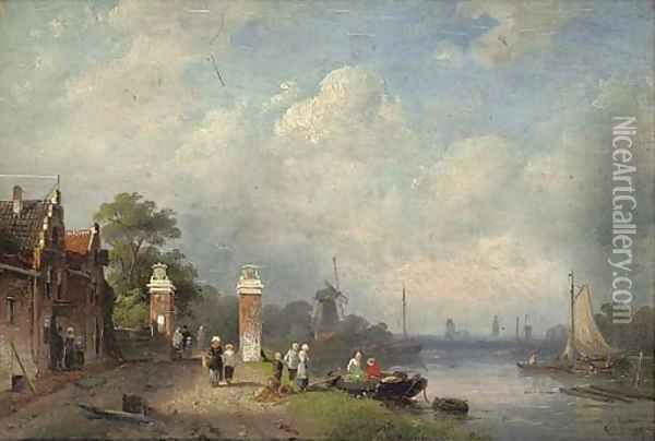 Figures at the edge of a Dutch canal Oil Painting - Charles Henri Joseph Leickert