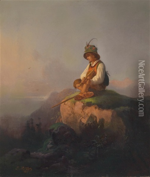 Der Kleine Flotenspieler Am Gipfel Oil Painting - Carl Friedrich Moritz Mueller