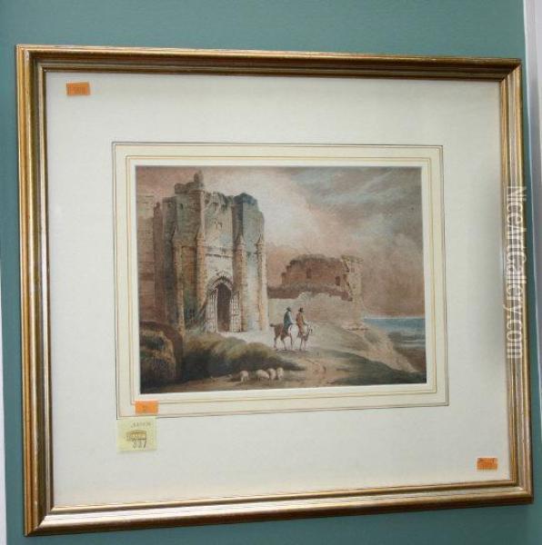 Figures, Horses And Sheep By A Castle Ruin Oil Painting - Richard Sasse