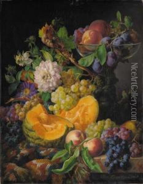 Peaches, Plums, Grapes And A Melon With Autumn Flowers On A Draped, Marble Ledge Oil Painting - Josef Lauer