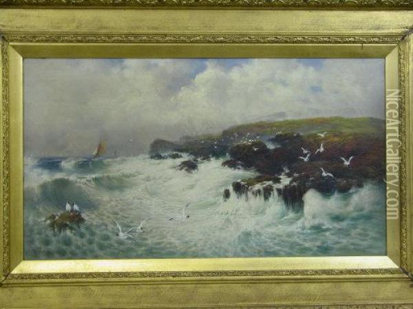 Among The Rocks, Rocky Coastline With Gulls And Fishing Smacks In An On-shore Squall Oil Painting - Bret Hayes