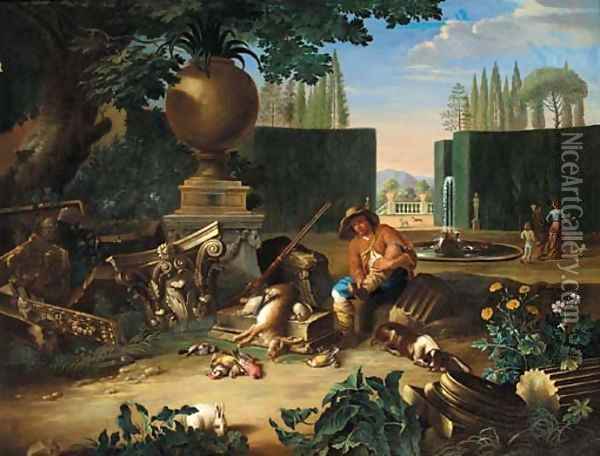 A formal garden with a hunter and his dog resting beside classical ruins, figures and dogs beyond Oil Painting - Pieter Snyers
