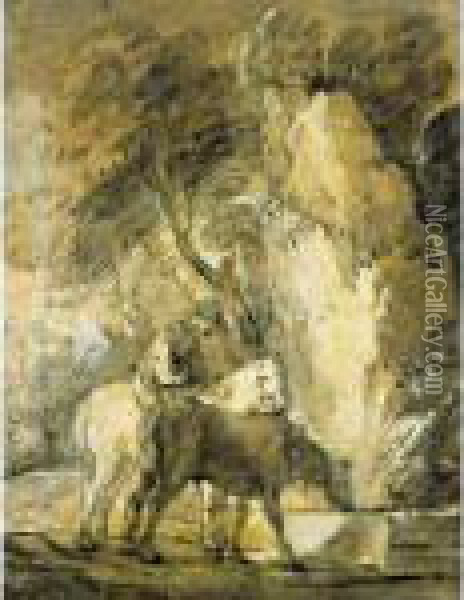 Wooded Landscape With Horseman And Horse Drinking At A Trough Oil Painting - Thomas Gainsborough