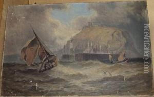 Fishing Boats Entering Harbour, Possibly Tynemouth Oil Painting - John Syer