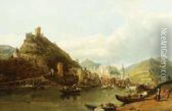 Stadt Am Rhein Mit Blick Auf Die Burgen 