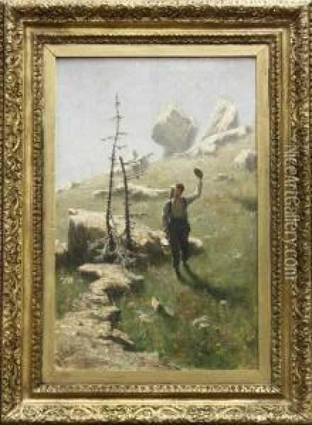 Hiker In An Alpine Landscape Oil Painting - Felix Possart