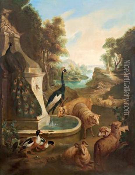 Flusslandschaftmit Einem Pfauenpaar Oil Painting - Abraham Bisschop