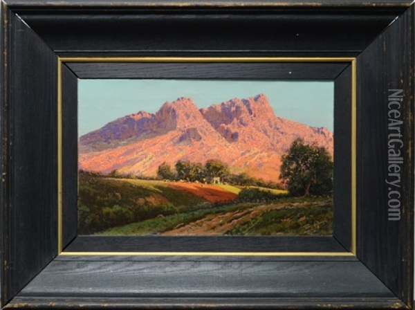 South African Landscape With White Buildings Oil Painting - Tinus de Jongh