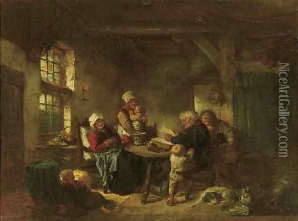 Reading time a family from Marken in an interior Oil Painting - Herman Frederik Carel ten Kate