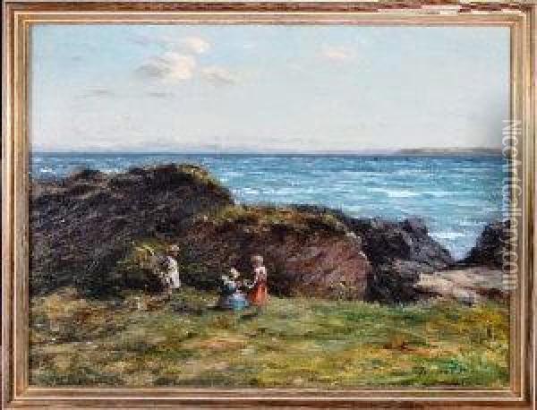 A Scottish Coastal Landscape With Three Children Picnicking Oil Painting - John Henderson