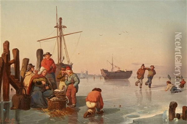 Skaters On A Frozen Canal Oil Painting - Karl Adloff