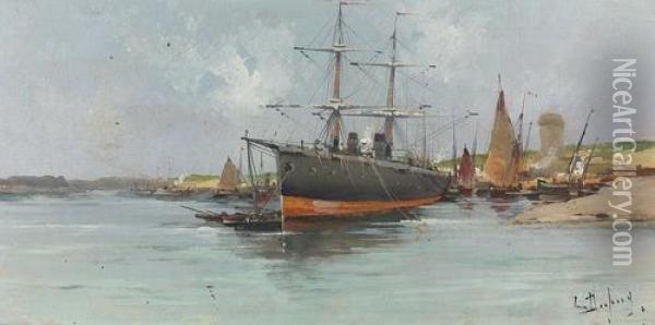 Zweimaster In Einem Hafen Vor Anker. Oil Painting - Eugene Galien-Laloue