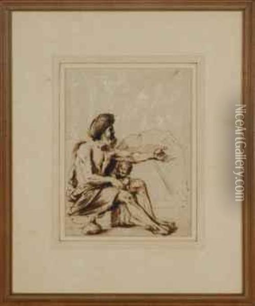 Seated Man With A Child Oil Painting - Guercino