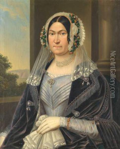 Portrait Einer Dame Mitspitzenhaube Undprunkvollemkleid Oil Painting - Anton Johan Ferenz