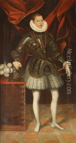 Portrait Of The Infante Philip Iii Of Spain Aged 16, Full Length, Standing In Royal Armour, Wearing The Order Of The Golden Fleece Oil Painting - Juan Pantoja de la Cruz
