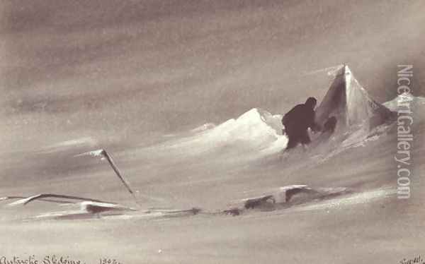Antarctic Sledging, one of Scotts party prepares for a night away from base, 1903 Oil Painting - Edward Adrian Wilson