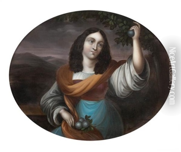 Jeune Femme Cueillant Des Prunes Oil Painting - Charles Auguste Guillaume Steuben