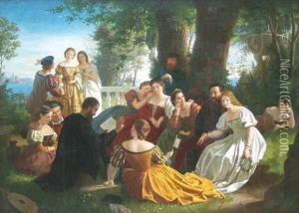 Pietro Aretino Liest Einer Gesellschaft Im Garten Tizian's Zu Venedig Aus Seinen Werken Vor Oil Painting - Adolf Friedrich G. Wichmann