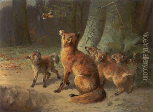 Efterarsskov, Raev Med Et Kuld Unger, Der Betragter En Flyvende Fugl Oil Painting - Adolf Heinrich Mackeprang