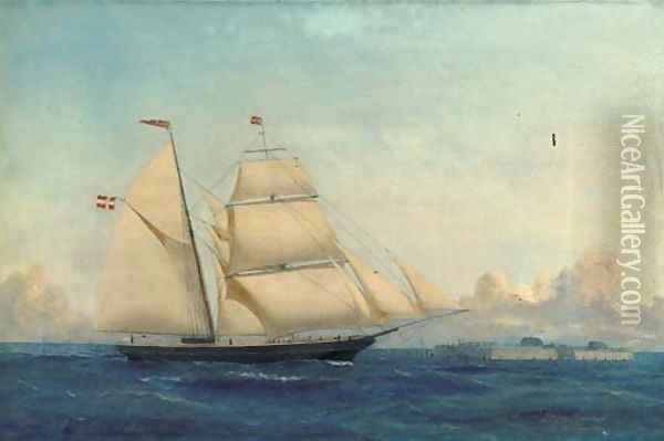 The Danish schooner Julius of Copenhagen off a Danish fortress Oil Painting - Carl Julius Emil Olsen