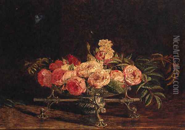 Pink and white Roses in an 18th Century Silver Dish-cros Oil Painting - William Bell Scott