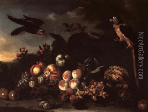 Still Life With Peaches, Pomegranates, Apples, Grapes And   Melons With Two Exotic Birds Oil Painting - Jakob Bogdani