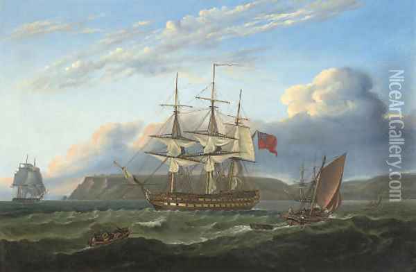 H.M.S. Bellerophon making sail out of Torbay with the defeated Emperor Napoleon aboard, 26th July 1815 Oil Painting - Thomas Luny
