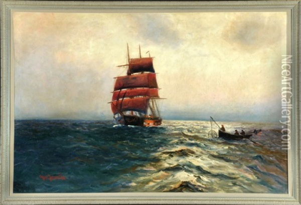 Dreimaster Und Fischerboot Auf Hoher See Oil Painting - Alfred Serenius Jensen