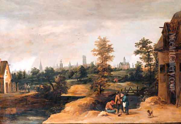 Travellers resting by a farmhouse, a town beyond Oil Painting - David The Younger Teniers