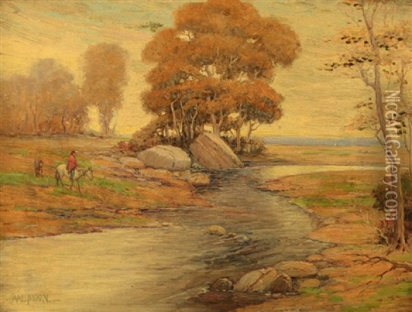 Indian On Horseback Crossing A Stream Oil Painting - Carl Moon