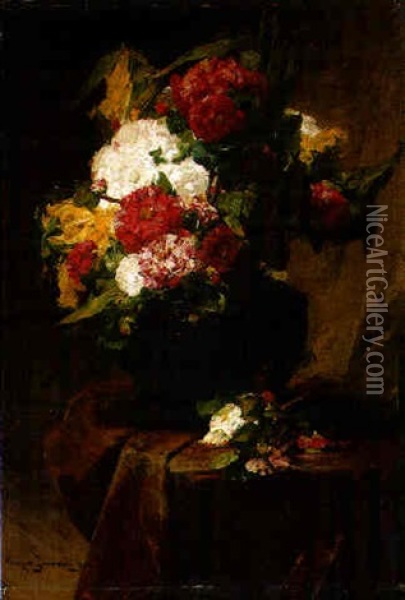Peonies In A Vase On A Draped Table Oil Painting - Georges Jeannin