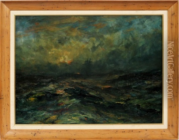 Sailing Ship On A Stormy Sea Oil Painting - Robert B. Hopkin