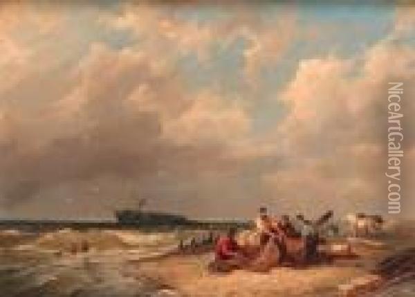 Beachcombers On Shore With A Capsized Ship In The Distance Oil Painting - Pieter Cornelis Dommershuijzen